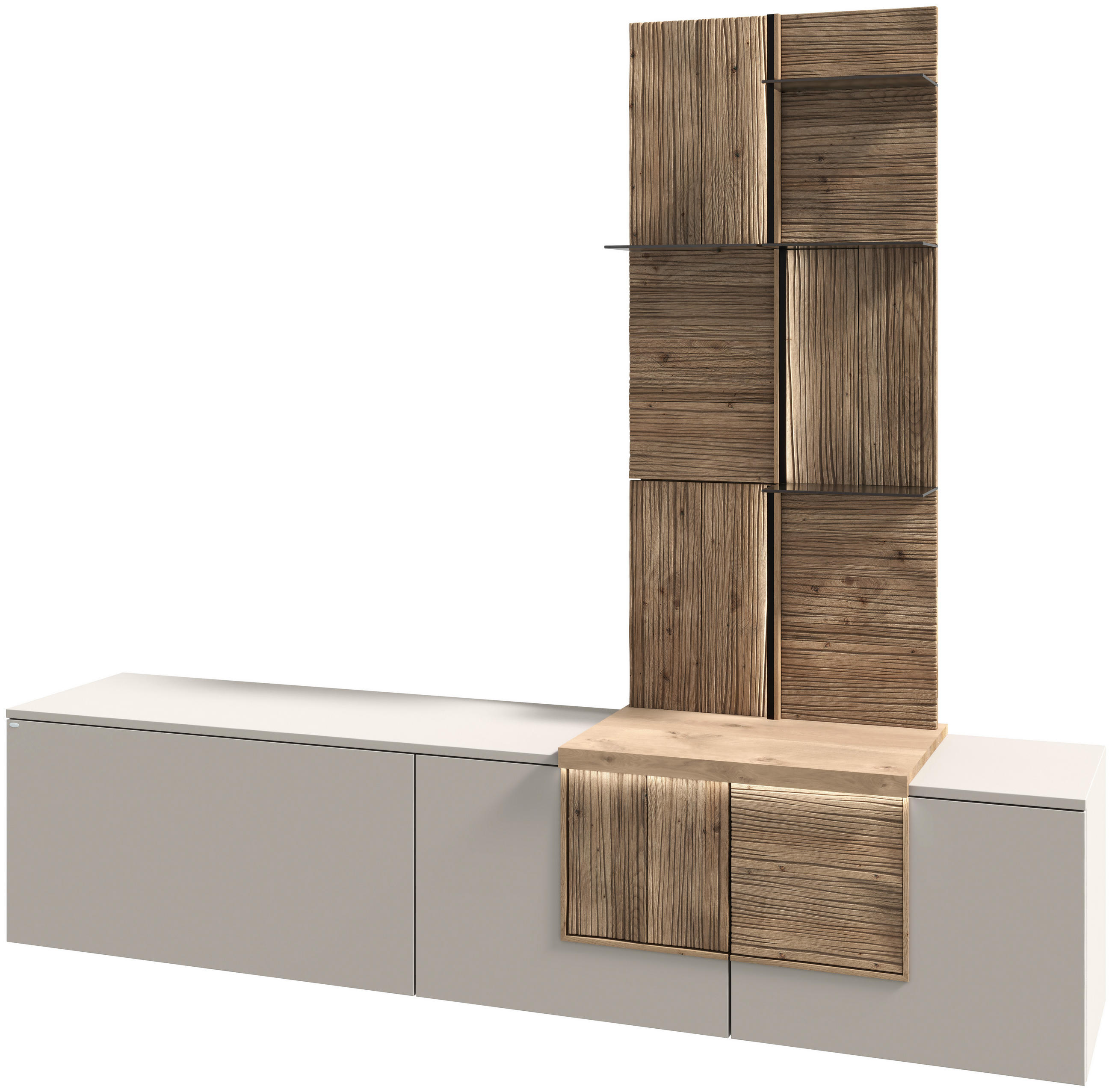 WOHNWAND  in Taupe, Wildeiche 224/198/44,9 cm  - Taupe/Wildeiche, Design, Glas/Holz (224/198/44,9cm) - Voglauer