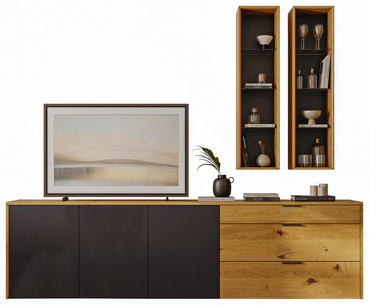 WOHNWAND  in Dunkelgrau, Wildeiche  254/212/48 cm  - Wildeiche/Dunkelgrau, Natur, Naturmaterialien/Glas (254/212/48cm) - Walden