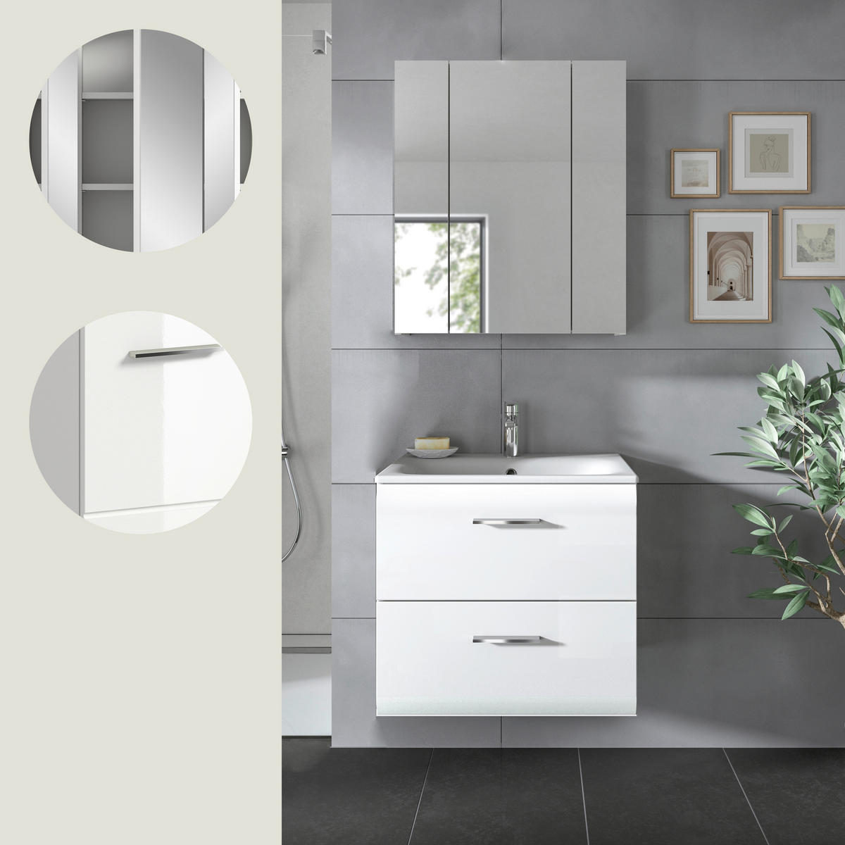 BADEZIMMER 2-teilig 60 cm  - Weiss Hochglanz/Weiss, Modern, Keramik/Holzwerkstoff (60cm) - MID.YOU