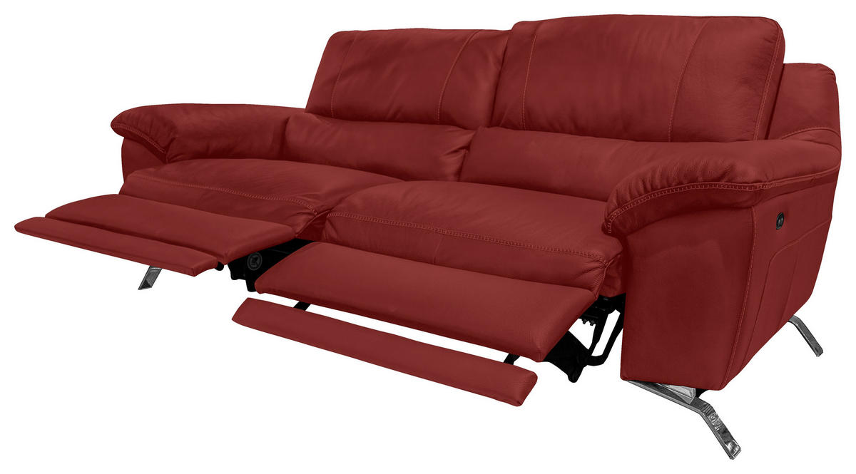 2,5-SITZER mit Relaxfunktion in Kombination Echtleder/Lederlook Rot  - Silberfarben/Rot, Design, Leder/Metall (216/97/95-151cm) - Livetastic