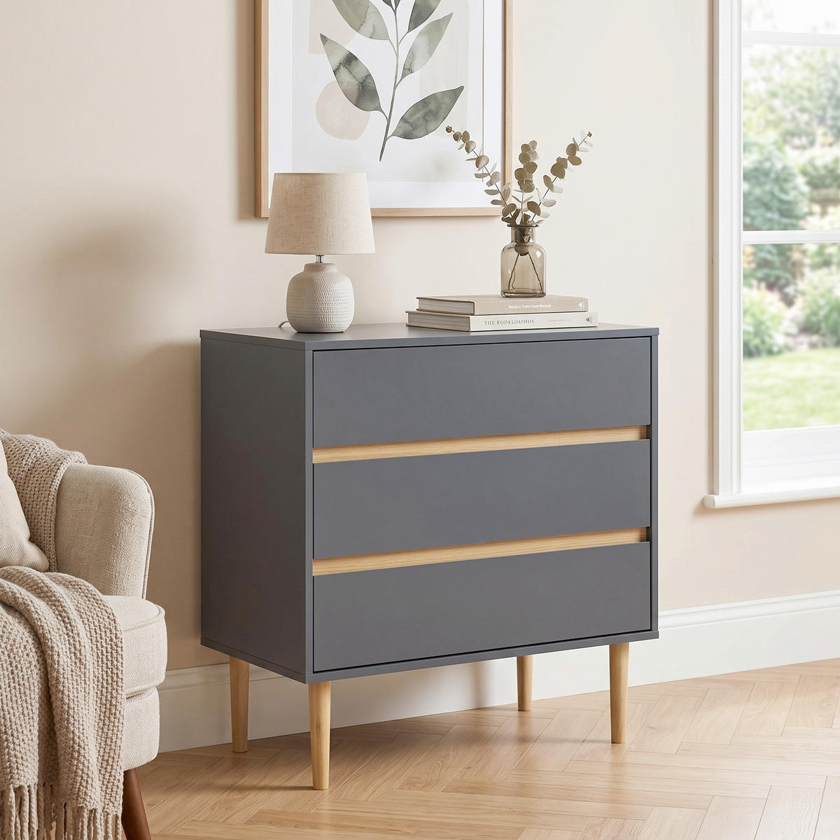KOMMODE Bisley Chest, 80/80/40 cm, 3 Schublade(n)  - Dunkelgrau/Kieferfarben, Design, Holz/Holzwerkstoff (80/80/40cm) - MID.YOU