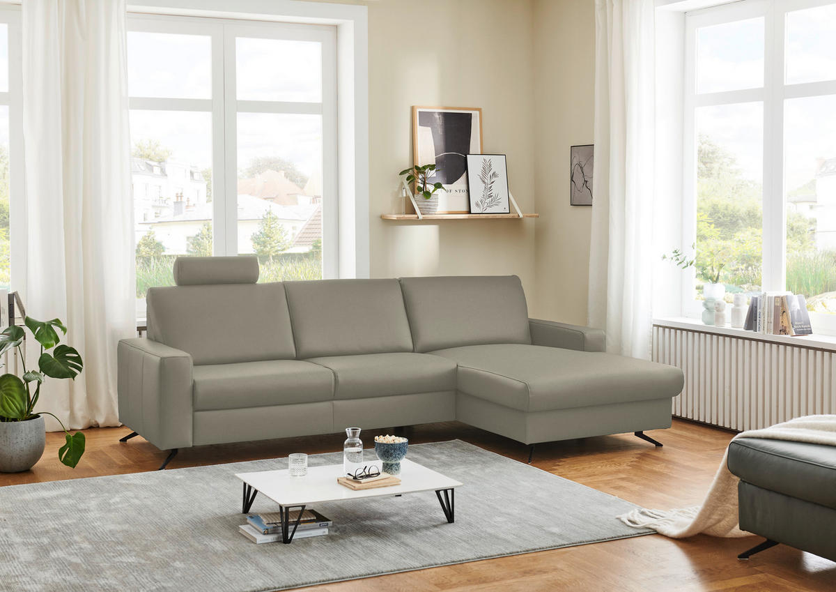 ECKSOFA - Platinfarben/Schwarz, Design, Leder/Metall (267/165cm) - Beldomo Premium