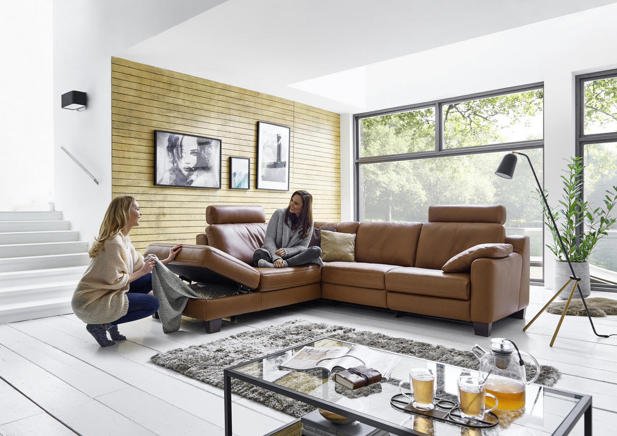 ECKSOFA in Echtleder Braun  235/259 cm  - Eichefarben/Braun, Design, Leder/Holz (235/259cm) - Valdera