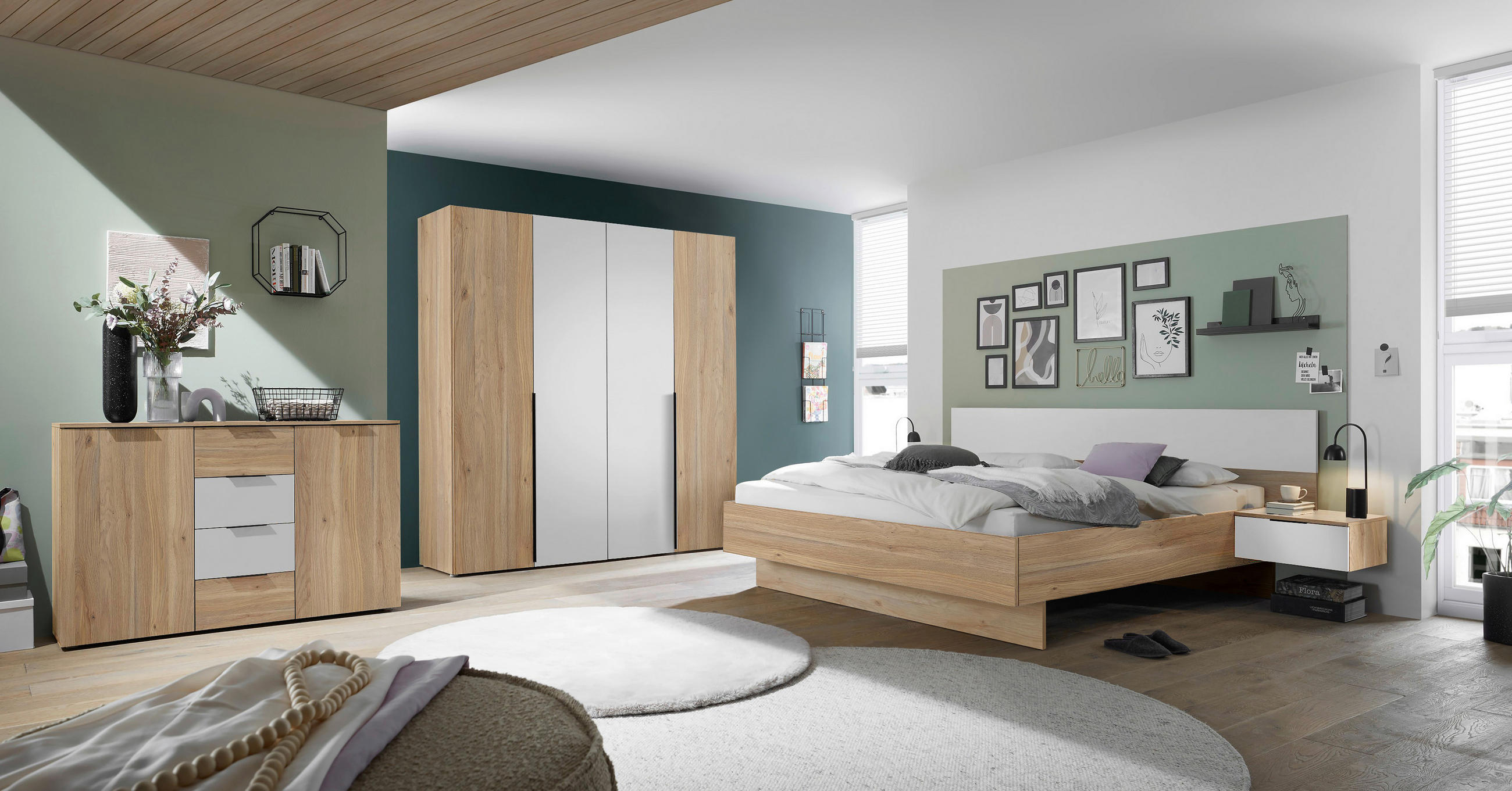 KLEIDERSCHRANK 200/210/53 cm 4-türig Weiß, Eichefarben  - Eichefarben/Schwarz, KONVENTIONELL, Holzwerkstoff/Kunststoff (200/210/53cm) - Boxxx
