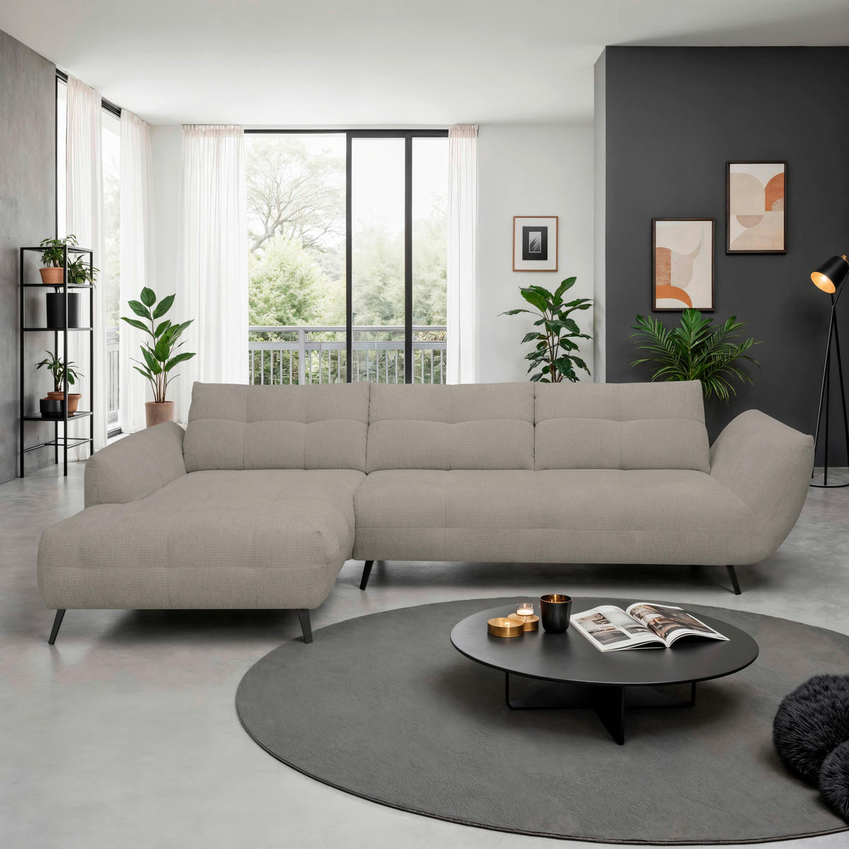 ECKSOFA Taupe Chenille Armlehnenkissen, Rücken echt, Sitztiefenverstellung  - Taupe/Schwarz, KONVENTIONELL, Textil/Metall (215/313cm) - Hom`in