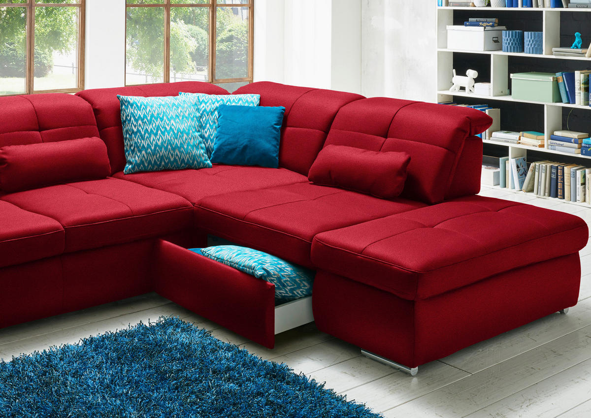 WOHNLANDSCHAFT Mikrofaser Rot  - Chromfarben/Rot, Design, Textil (195/371/260cm) - Beldomo Style