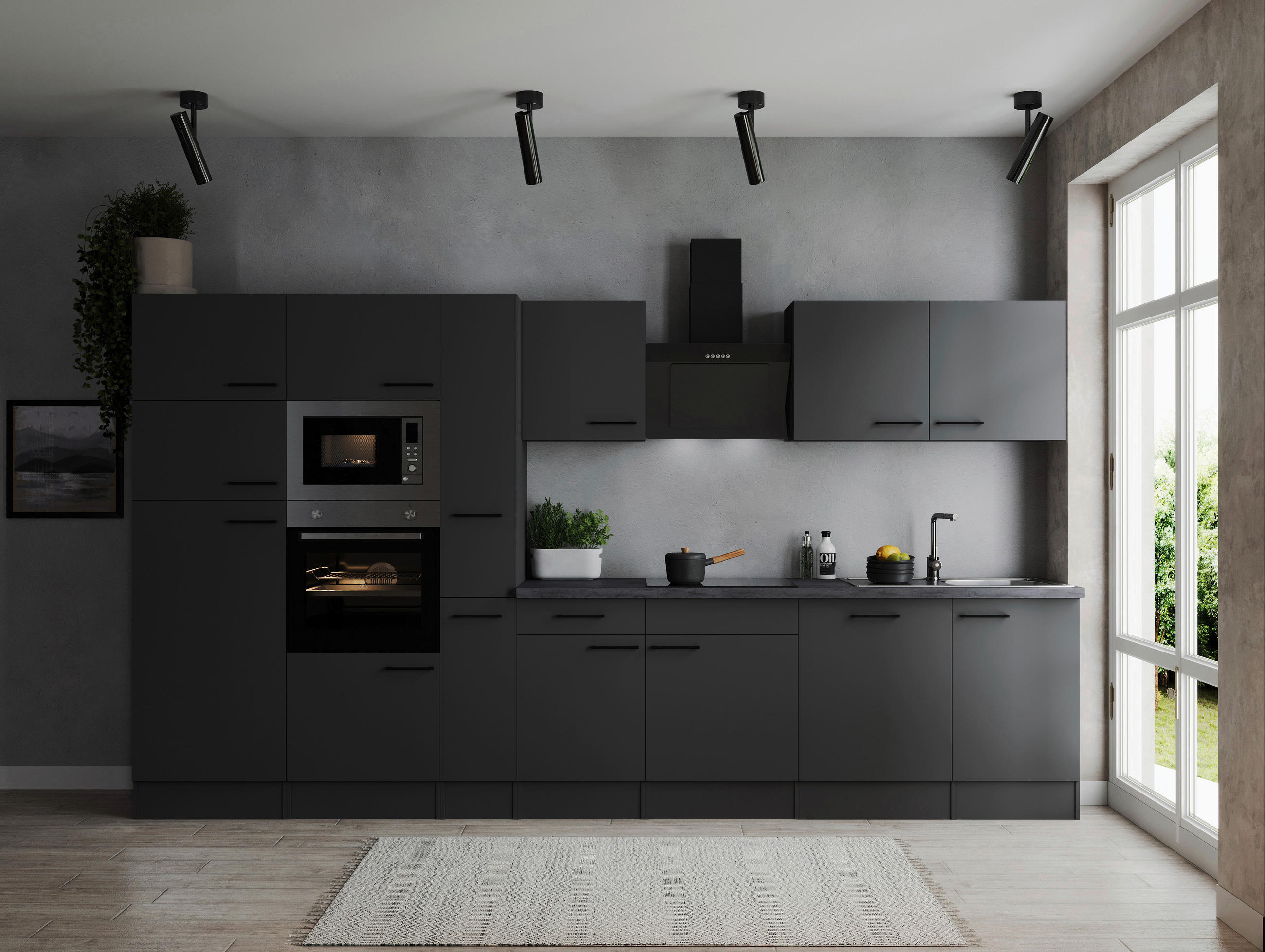 KÜCHENBLOCK 370 cm   in Dunkelgrau  - Dunkelgrau/Schwarz, Design, Holzwerkstoff/Metall (370cm) - Respekta