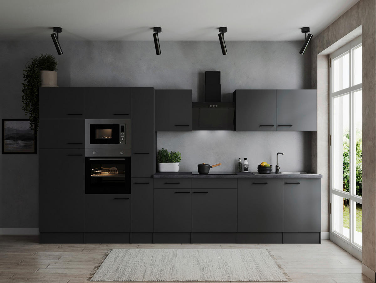 KÜCHENBLOCK 370 cm   in Dunkelgrau  - Dunkelgrau/Schwarz, Design, Holzwerkstoff/Metall (370cm) - Respekta