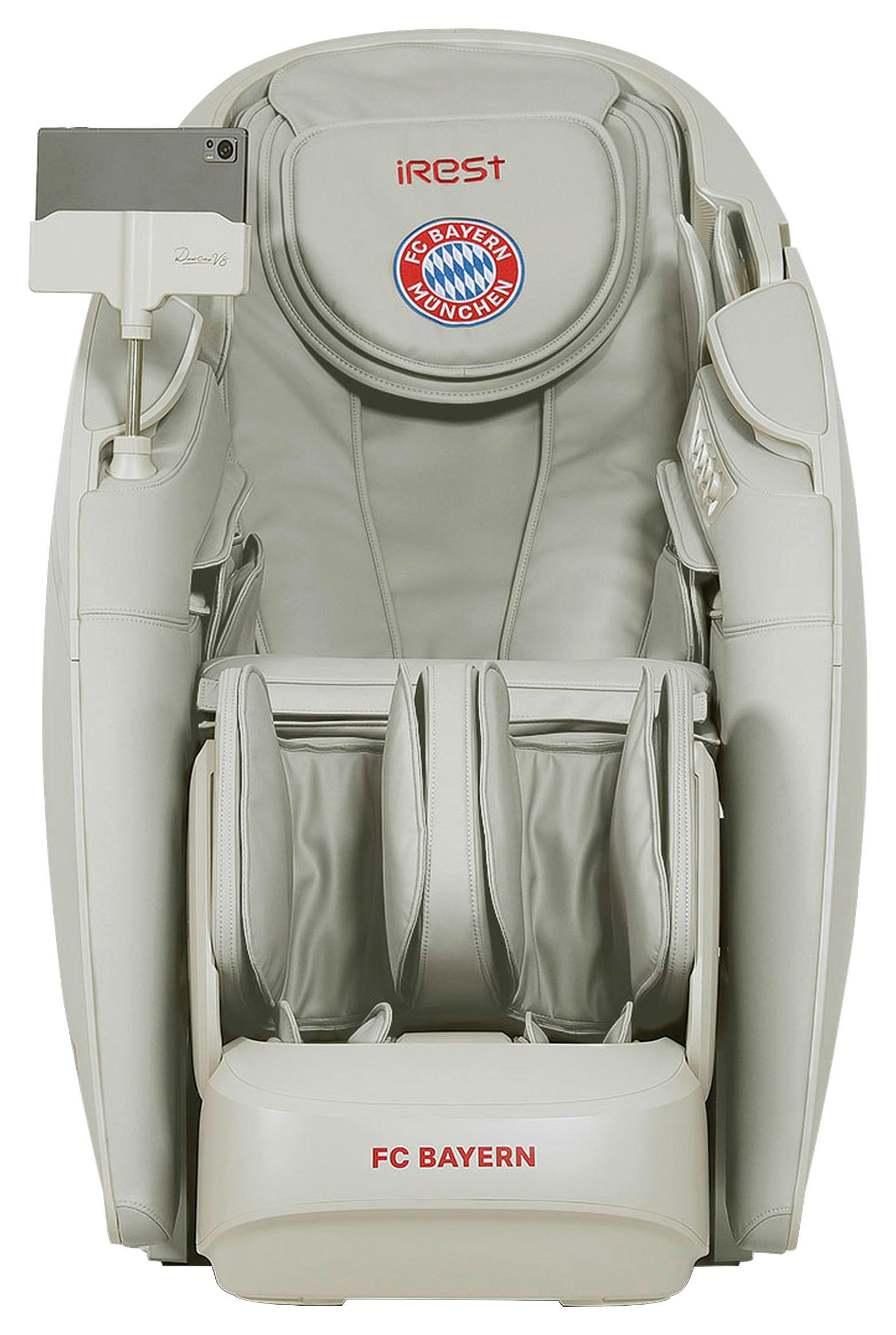 MASSAGESESSEL FC BAYERN MÜNCHEN  mit Lederlook Weiß, Beige integrierte Lautsprecher, Relaxfunktion, Liegefunktion, Sitzheizung, Netzbetrieb, Massagefunktion, Herz-Waage-Funktion, integrierter Akku, abwischbar, ausziehbare Fußstütze, Bluetooth-Lautsprecher, Rückenlehne in S-Form  - Beige/Weiß, KONVENTIONELL, Kunststoff/Textil (86/130/169-190cm) - Welnova