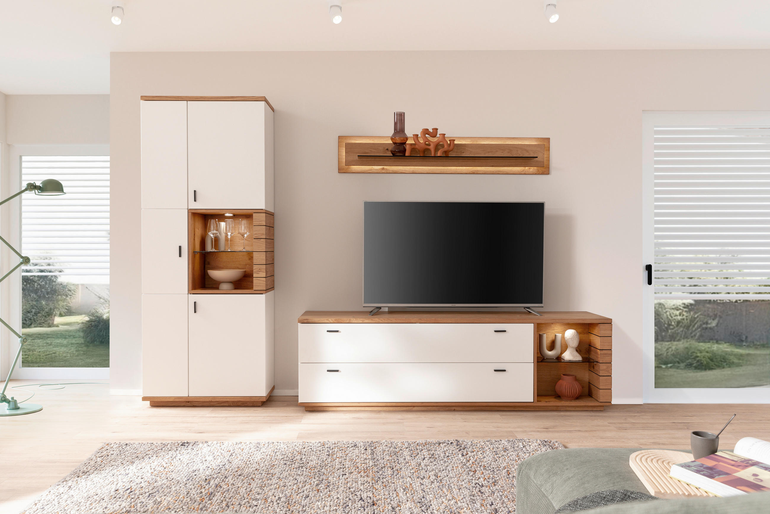 Thumbnail - Novel Wohnwand, Weiß, Wildeiche, Metall, Wildeiche, furniert, teilmassiv, 6 Fächer, 2 Schubladen, 305x202x50 cm, Beimöbe...