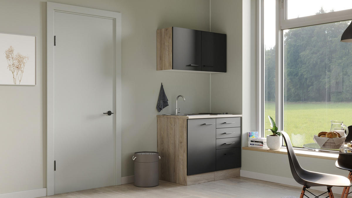 MINIKÜCHE 100 cm   in Schwarz, Eichefarben  - Eichefarben/Schwarz, MODERN, Holzwerkstoff/Metall (100cm) - FlexWell