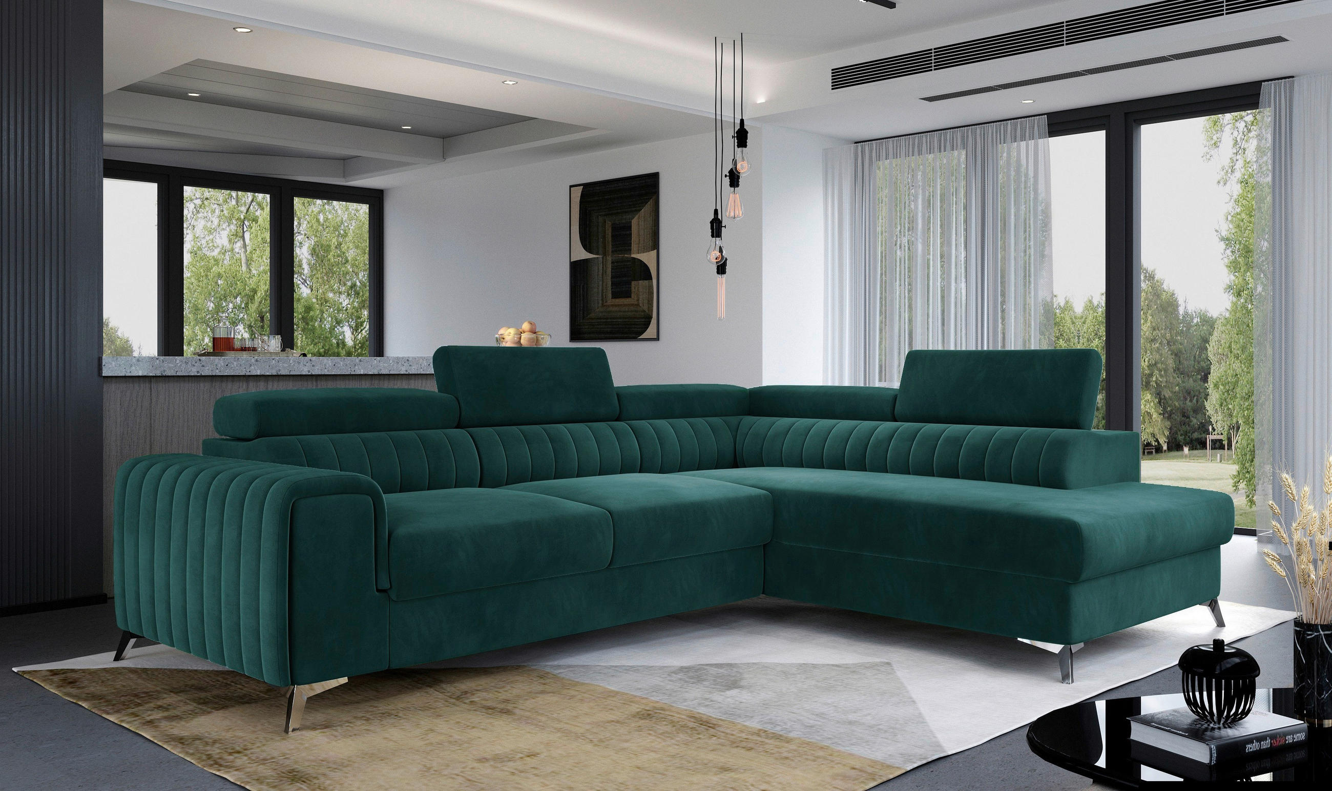 ECKSOFA Grün Samt  - Silberfarben/Grün, Design, Textil/Metall (278/205cm) - MID.YOU