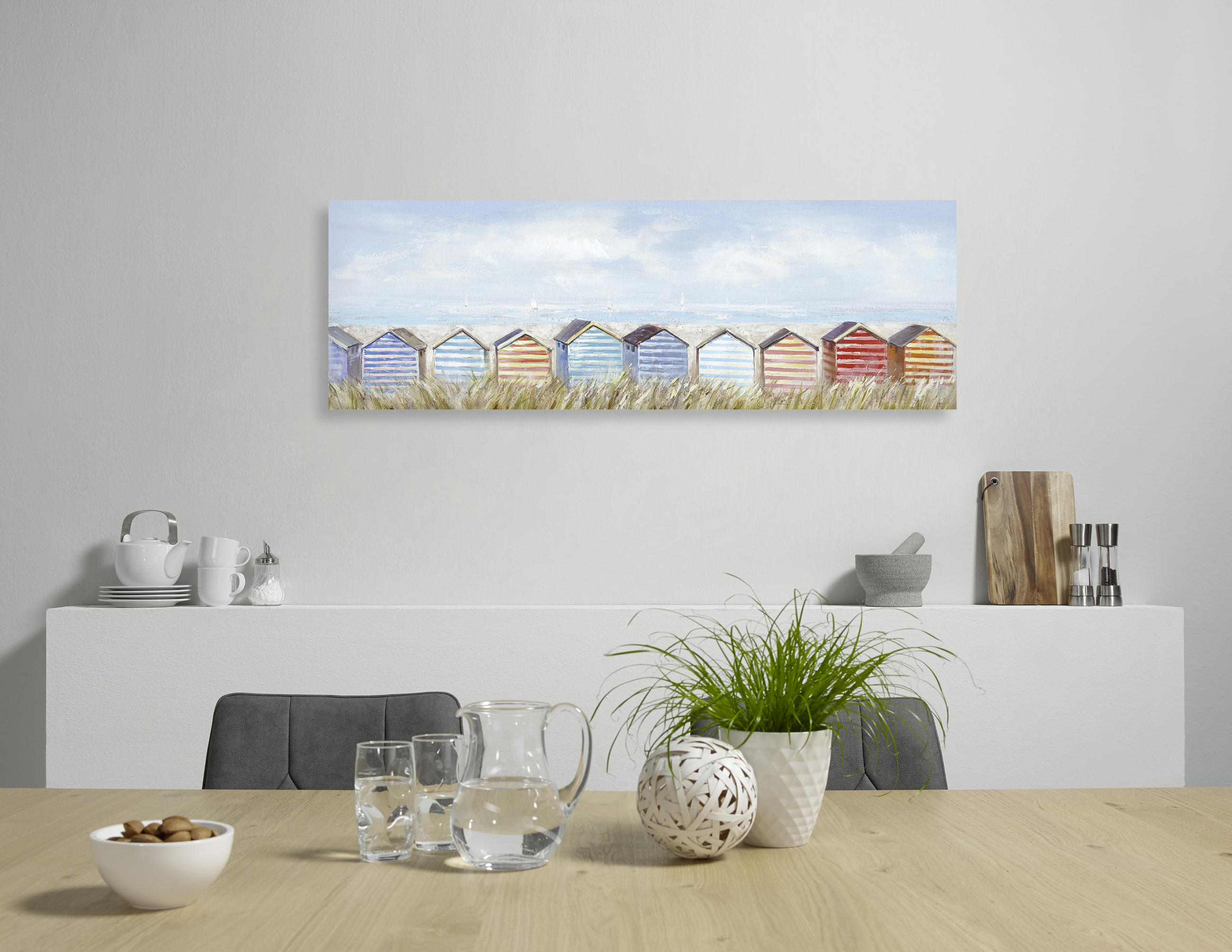 Thumbnail - Monee Ölgemälde, Blau, Braun, Grün, Rot, Beige, Holz, Textil, Kiefer, vollmassiv, rechteckig, 150x55 cm, handgemalt, Kei...