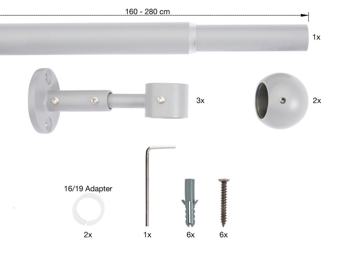 VORHANGSTANGENSET   - Hellgrau, Basics, Metall (160/8/3.3cm)