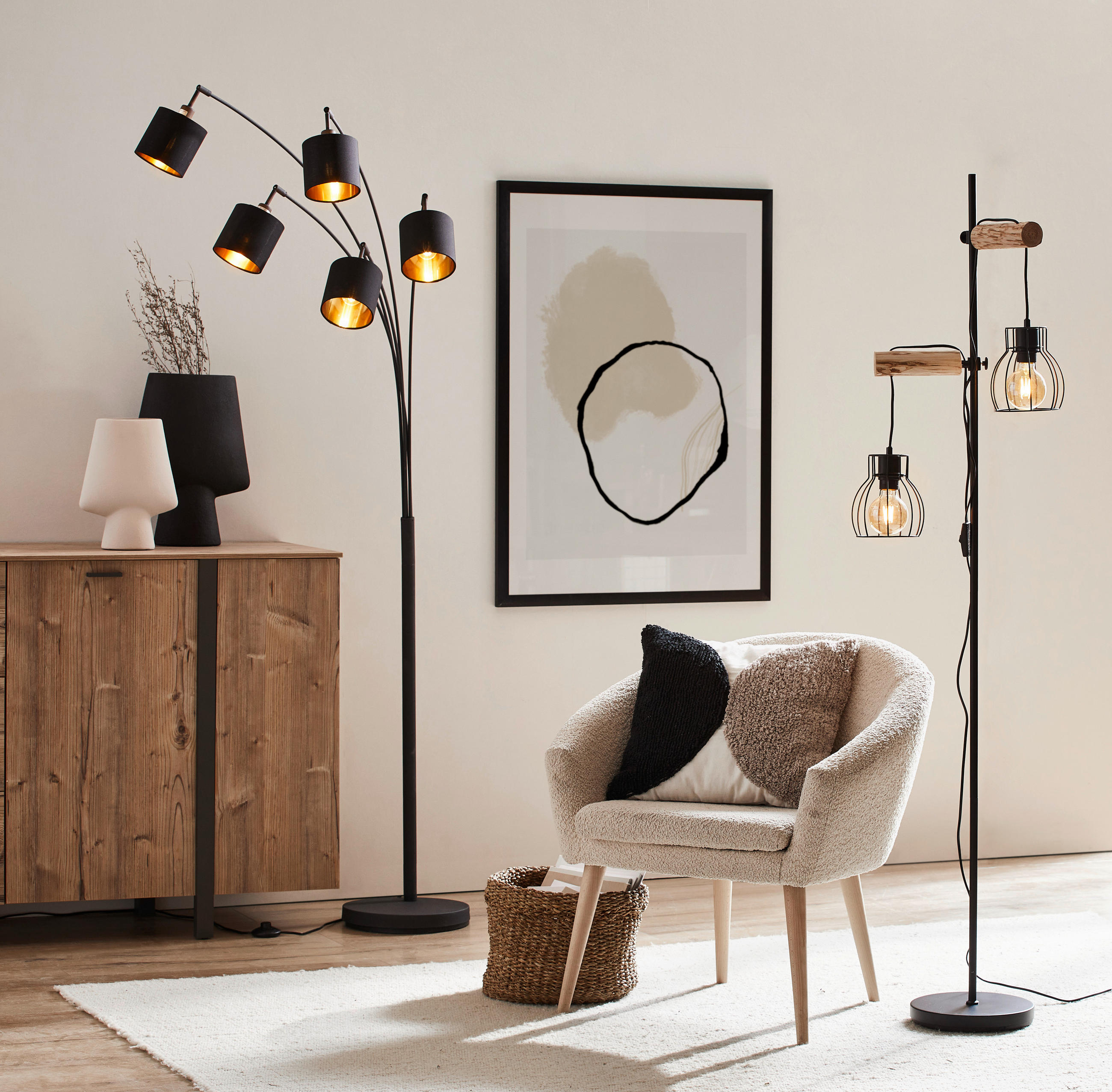 STOJACÍ LAMPA, 47/168 cm - černá/přírodní barvy, Design, kov/dřevo (47/168cm)
