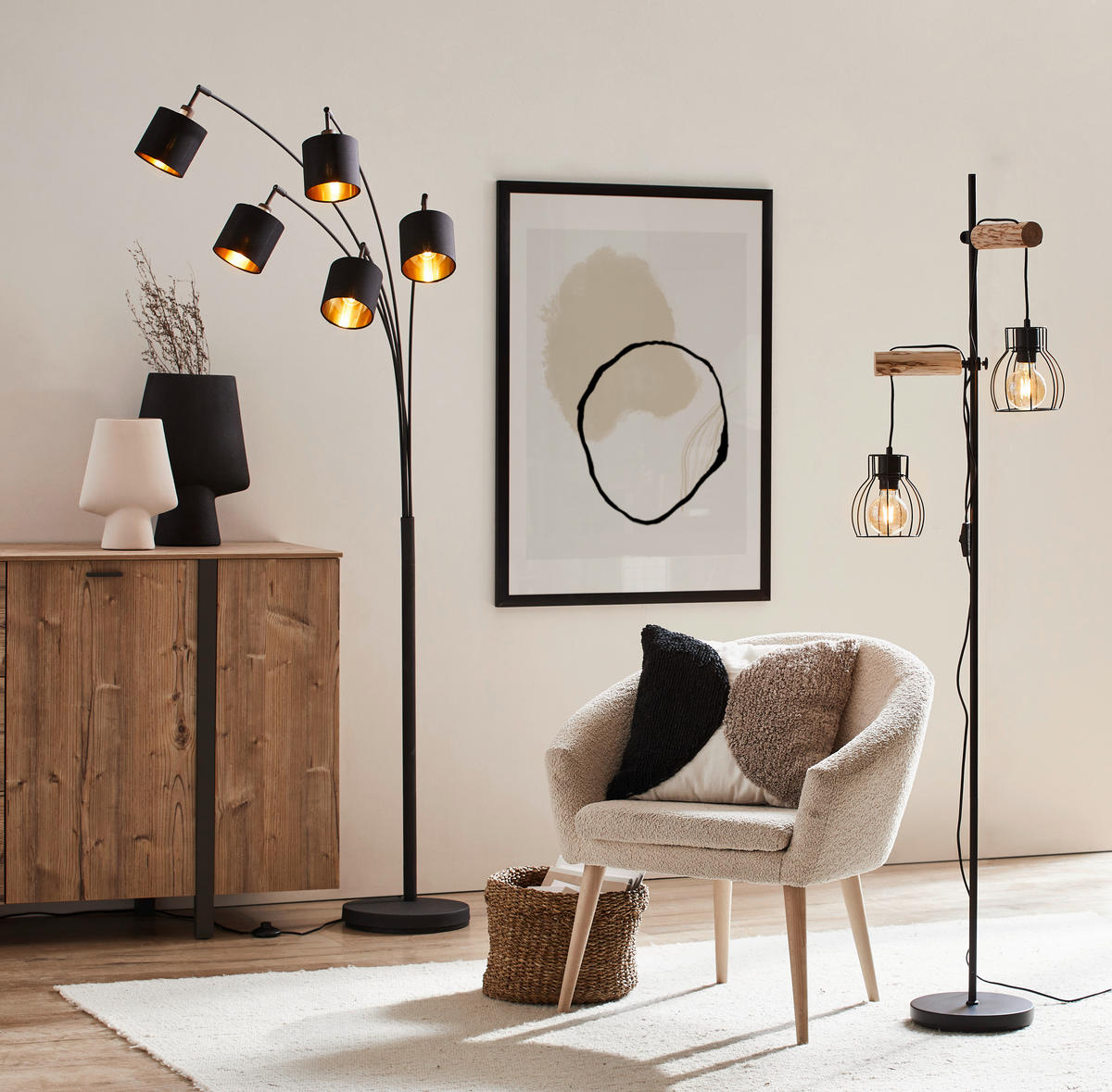STOJACIA LAMPA, 47/168 cm  - čierna/prírodná farba, Design, kov/drevo (47/168cm)