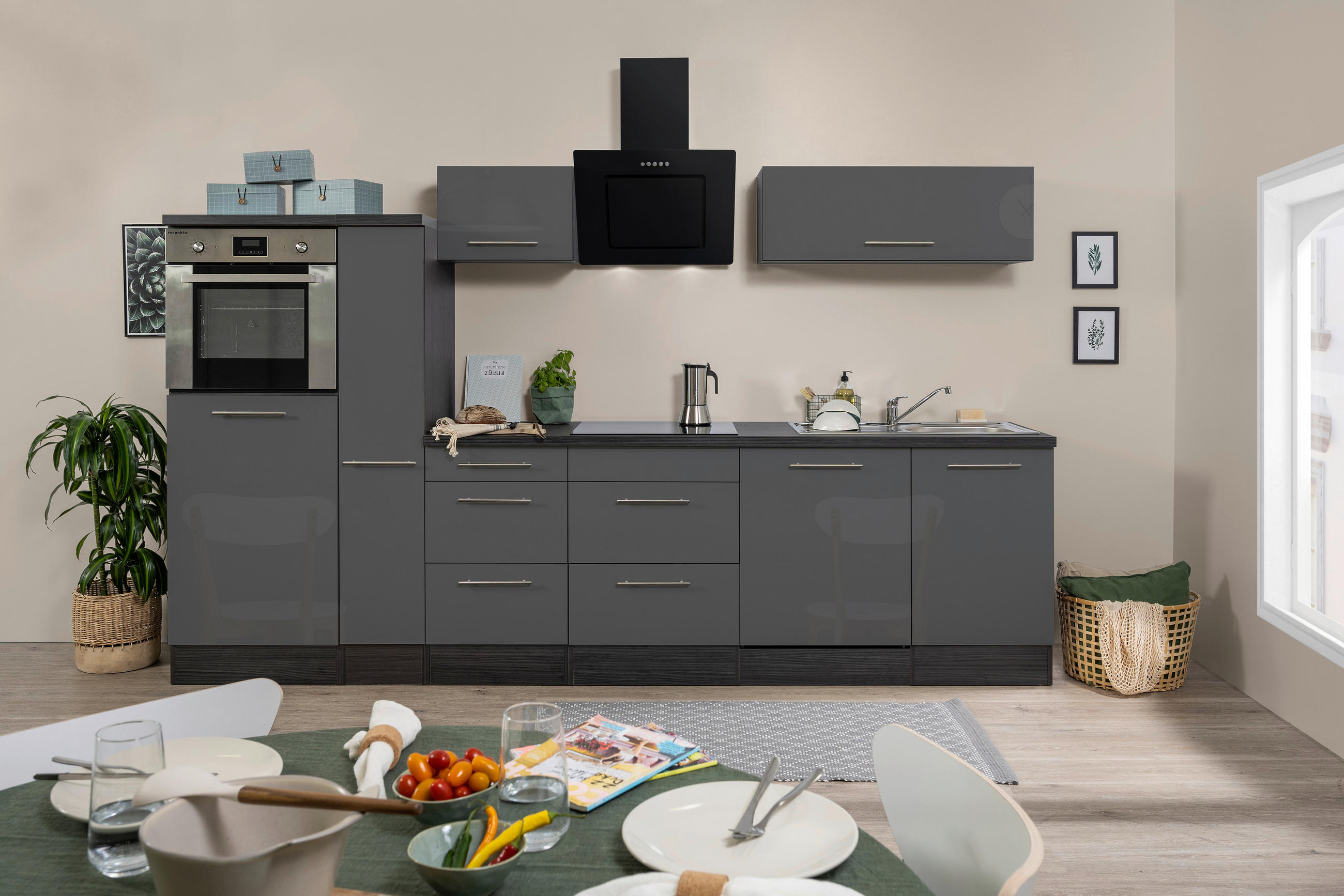 KÜCHENBLOCK 310 cm Grau, Eichefarben E-Geräte, Spüle, Soft-Close-System, Geschirrspülerblende, Ab- und Überlaufgarnitur, Herdanschlusskabel - Edelstahlfarben/Eichefarben, Basics, Metall (310cm) - Respekta