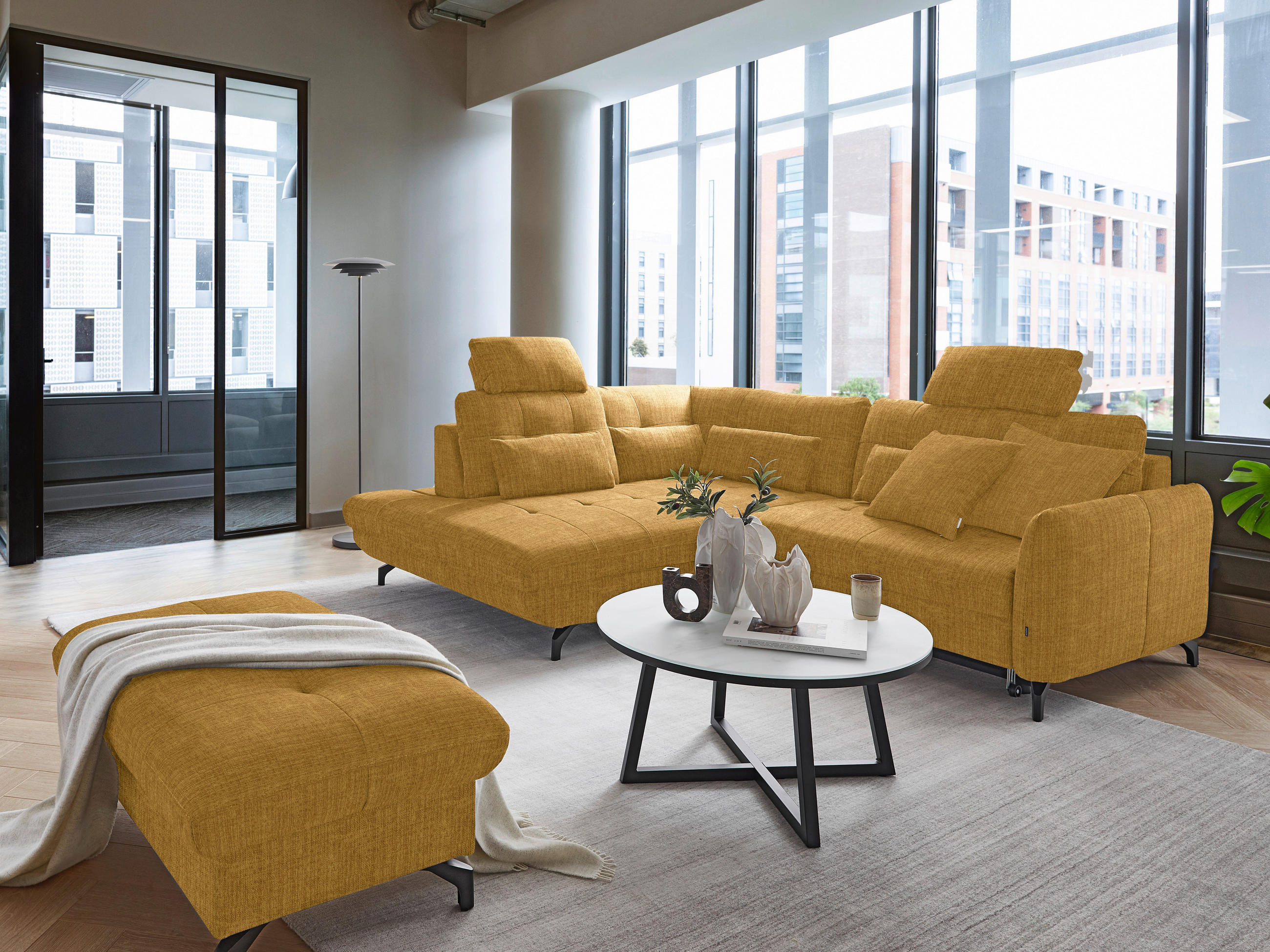 ECKSOFA in Flachgewebe, Leinenoptik Currygelb  - Currygelb/Schwarz, Design, Textil/Metall (208/247cm) - Xora
