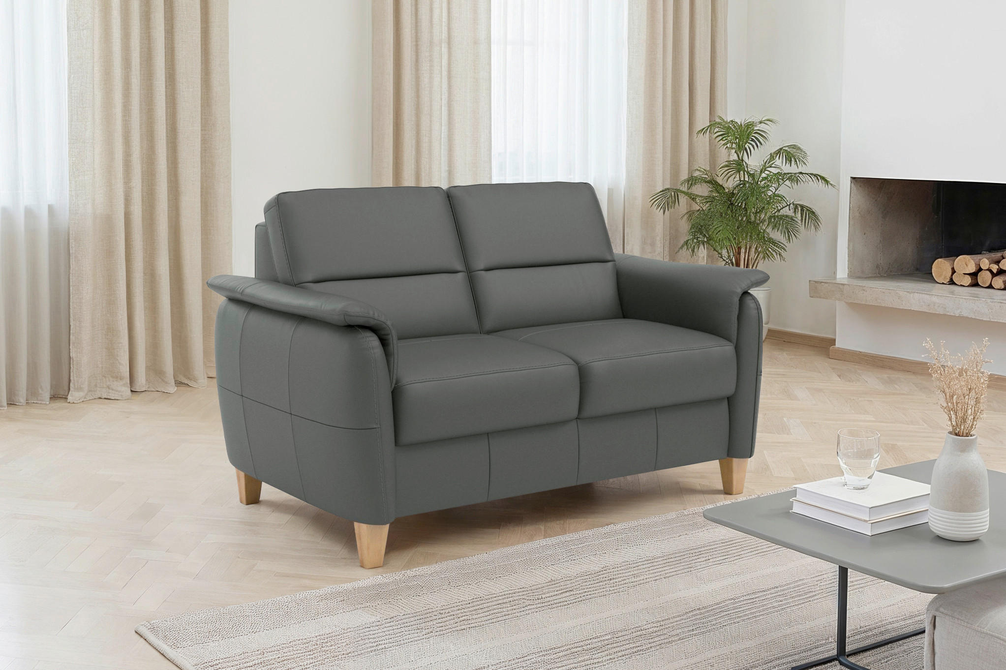 2-SITZER-SOFA Echtleder Anthrazit  - Eichefarben/Anthrazit, Basics, Leder/Holz (149/89/89cm) - Sit & More