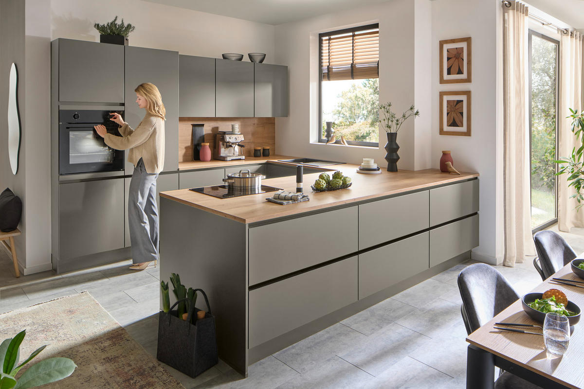 EINBAUKÜCHE   - Taupe/Eichefarben, Design, Holzwerkstoff - Celina