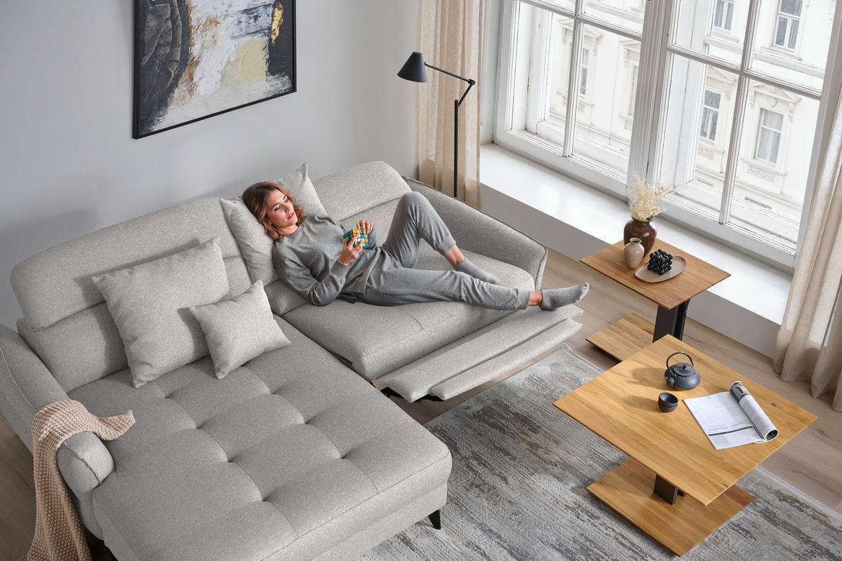 ECKSOFA MANTA in Flachgewebe Grauweiß Bettkasten, Rücken echt, Relaxfunktion, Kopfteilverstellung  175/246 cm  - Grauweiß/Schwarz, Design, Textil/Metall (175/246cm) - Celina