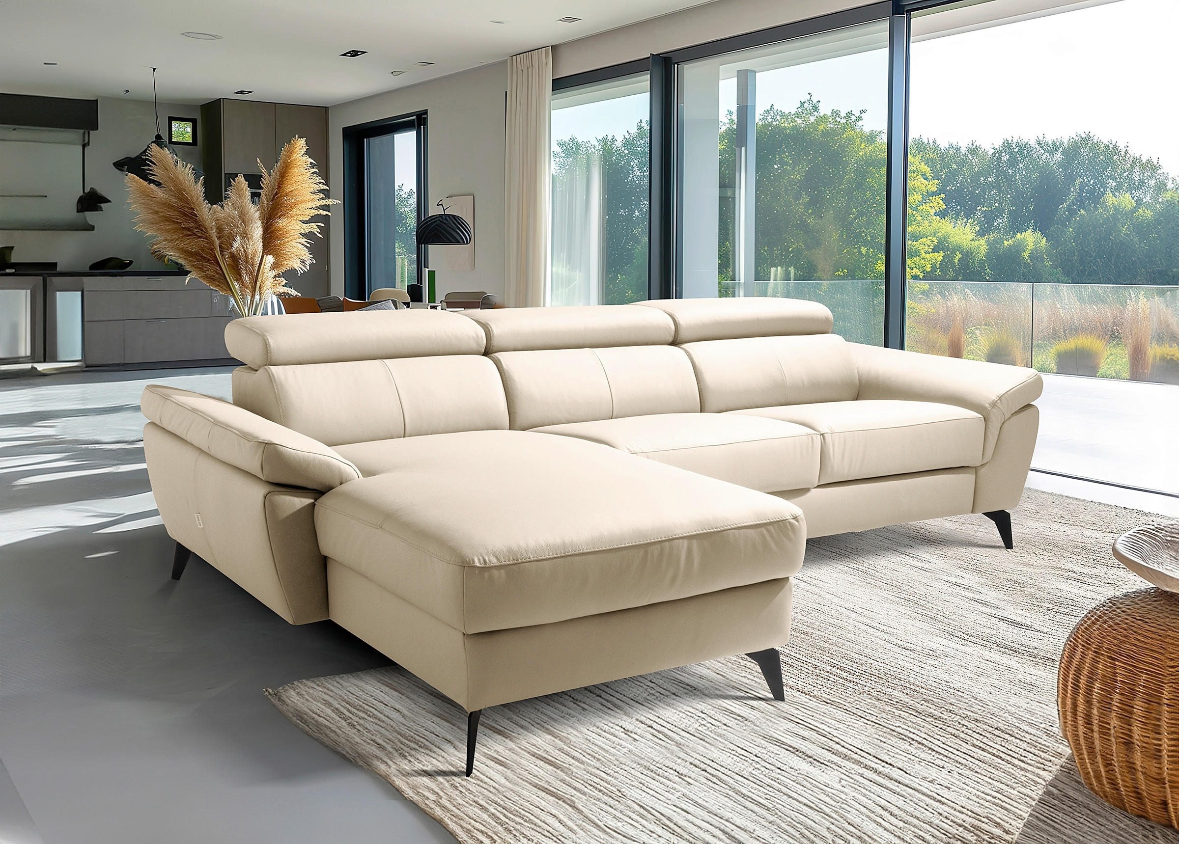 ECKSOFA SONO in Lederlook Echtleder Grau Armteilverstellung, Kopfteilverstellung  179/252 cm  - Schwarz/Grau, Design, Leder/Textil (179/252cm) - Livetastic