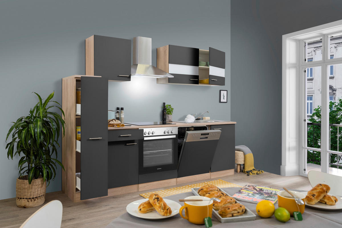 KÜCHENBLOCK 250 cm   in Grau  - Edelstahlfarben/Eichefarben, Basics, Holzwerkstoff/Metall (250cm) - Respekta