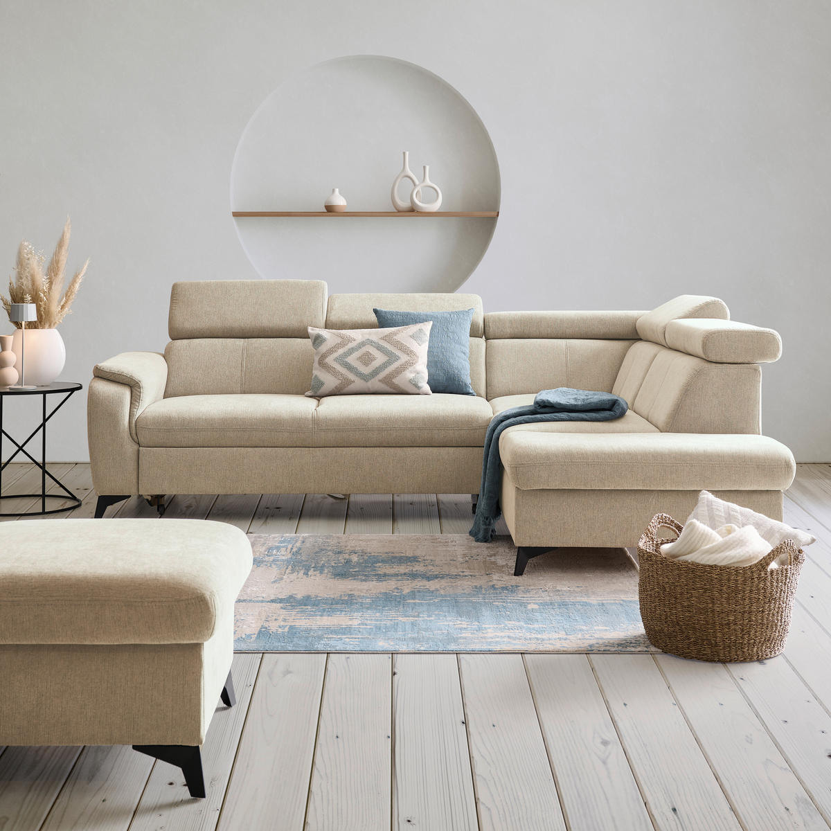 ECKSOFA in Chenille Naturfarben  - Schwarz/Naturfarben, Design, Textil/Metall (260/203cm) - Stylife