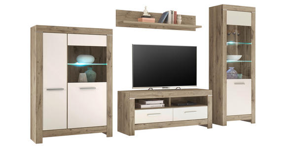 WOHNWAND in Weiß, Eichefarben 325/197/45 cm - Eichefarben/Silberfarben, Design, Glas/Holzwerkstoff (325/197/45cm) - Carryhome