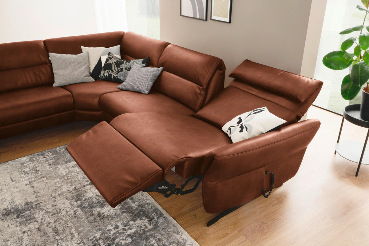 ECKSOFA Cognac Echtleder  - Cognac/Schwarz, Design, Leder/Metall (258/286cm) - Schöner Wohnen