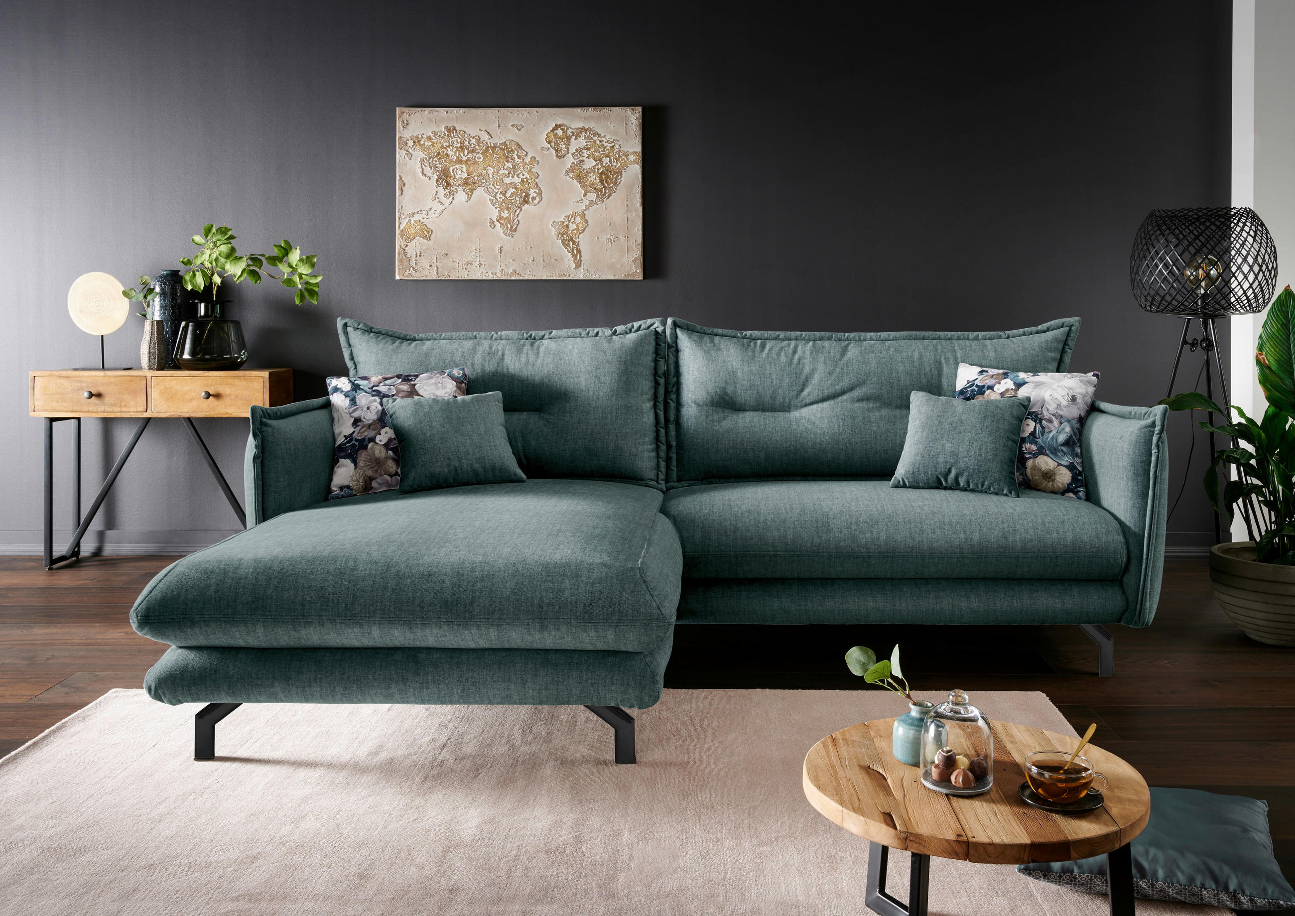 ECKSOFA in Velours Hellblau  - Türkis/Schwarz, Modern, Textil/Metall (180/255cm) - Livetastic
