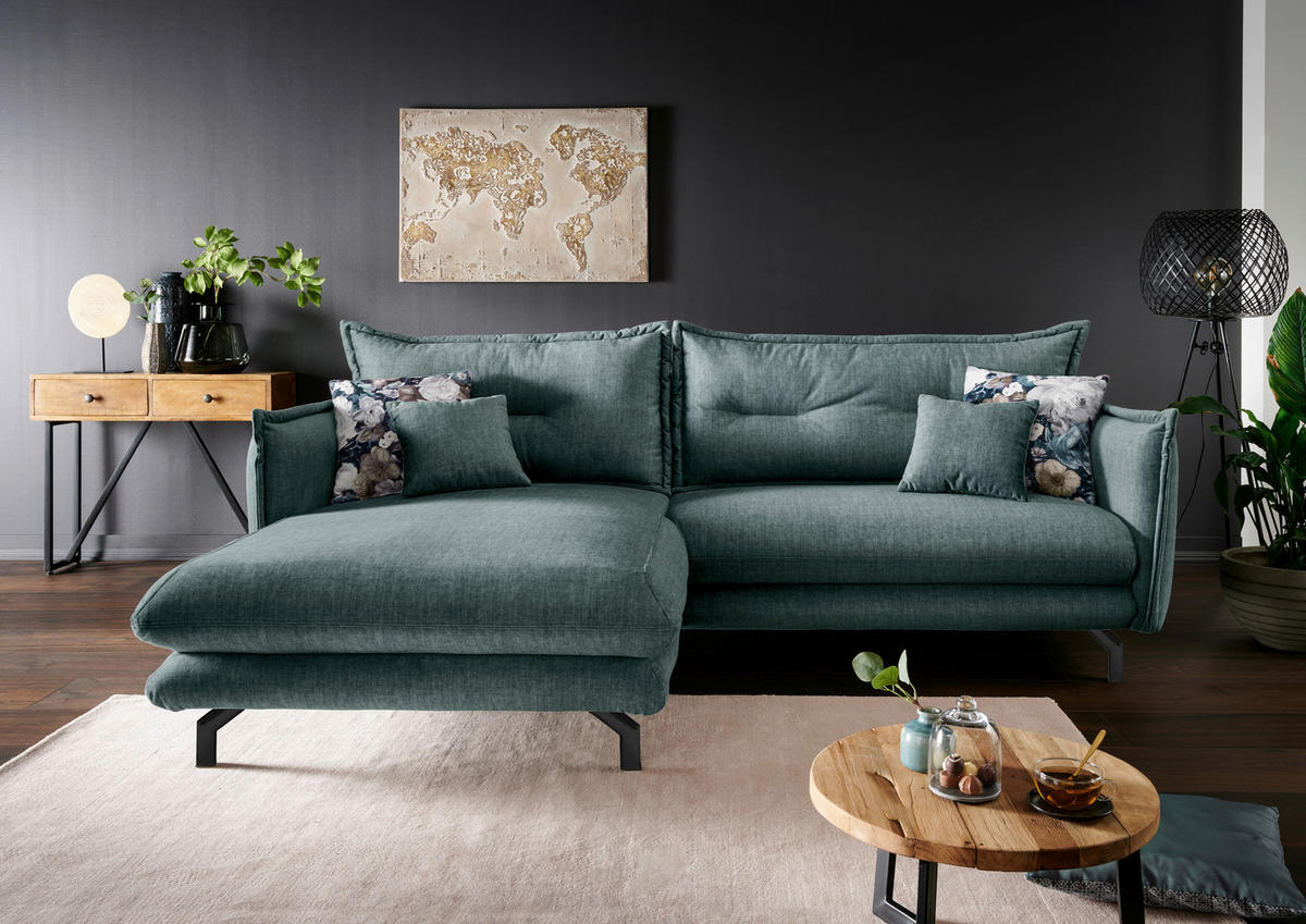 ECKSOFA Hellblau Velours  - Türkis/Schwarz, MODERN, Textil/Metall (180/255cm) - Livetastic