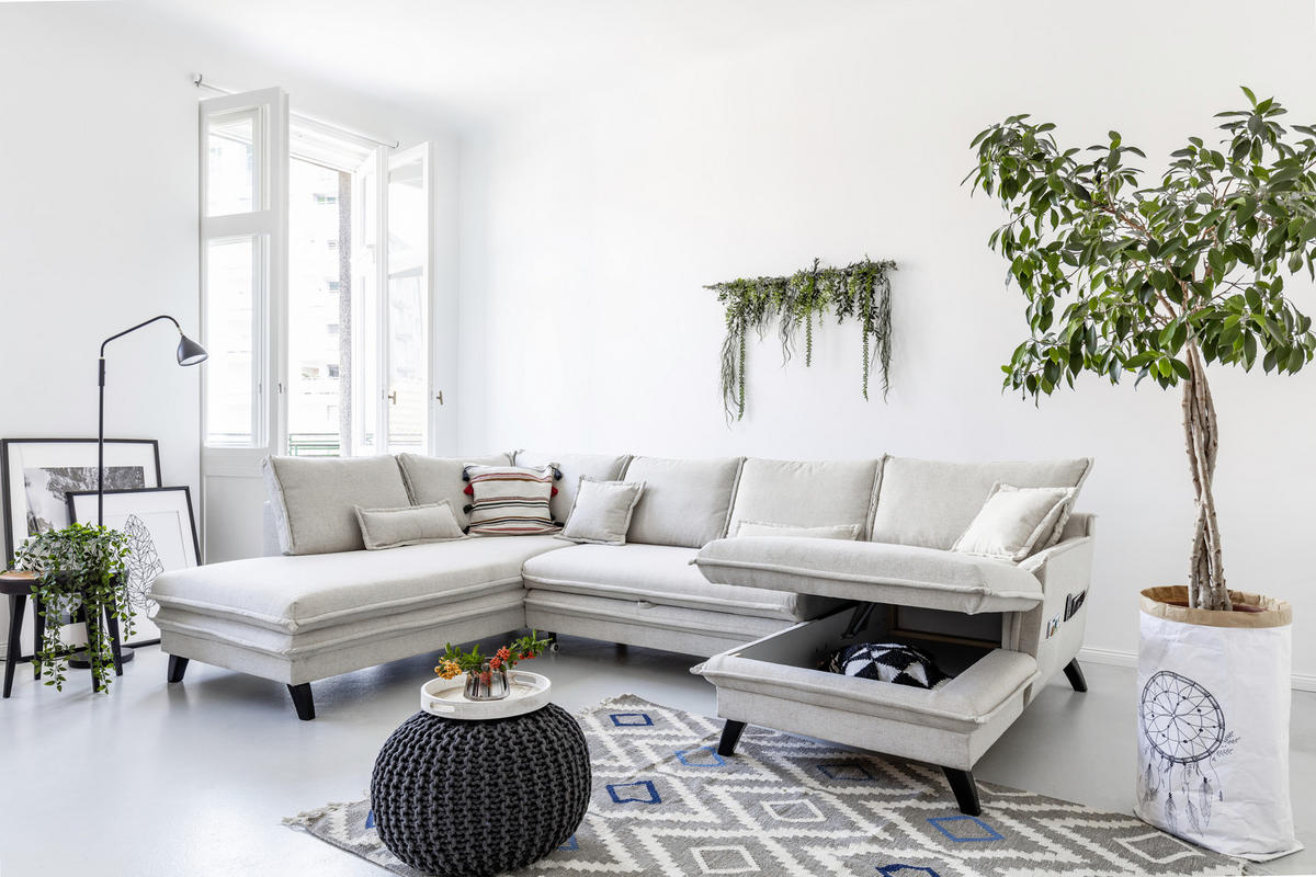 WOHNLANDSCHAFT Charming Charlie Beige Webstoff  - Beige/Schwarz, Basics, Holz/Holzwerkstoff (200/300/150cm) - MID.YOU