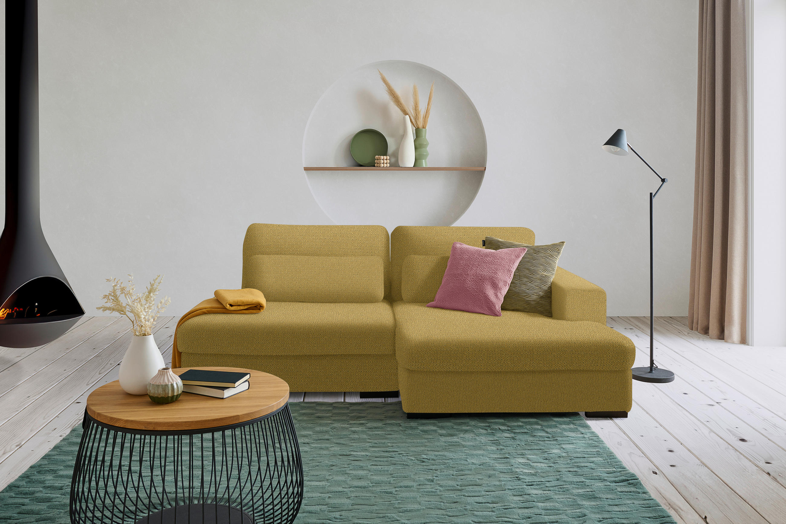 ECKSOFA in Chenille Currygelb  - Currygelb/Schwarz, Design, Kunststoff/Textil (223/158cm) - Lomoco