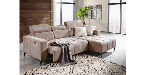 ECKSOFA Taupe Cord Rücken echt, Kopfteilverstellung, Sitzvorzug  - Taupe/Schwarz, KONVENTIONELL, Textil/Metall (257/170cm) - Carryhome