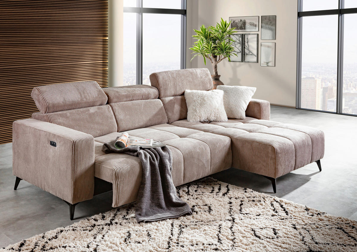 ECKSOFA Taupe Cord Rücken echt, Kopfteilverstellung, Sitzvorzug  - Taupe/Schwarz, KONVENTIONELL, Textil/Metall (257/170cm) - Carryhome
