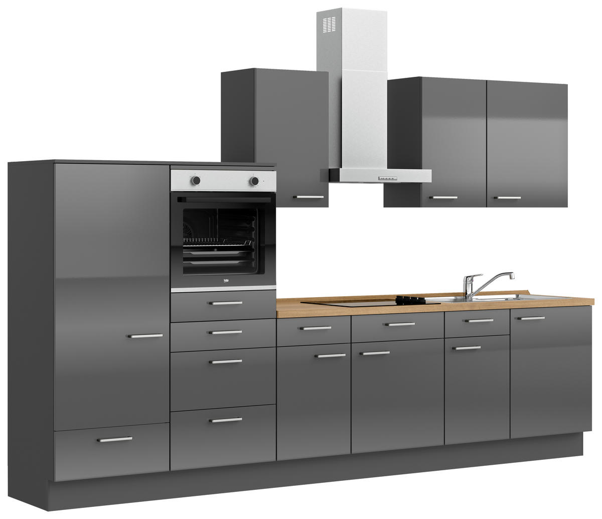 KÜCHENBLOCK 330 cm   in Eichefarben, Schieferfarben  - Schieferfarben/Edelstahlfarben, MODERN, Holzwerkstoff/Metall (330cm) - Nobilia