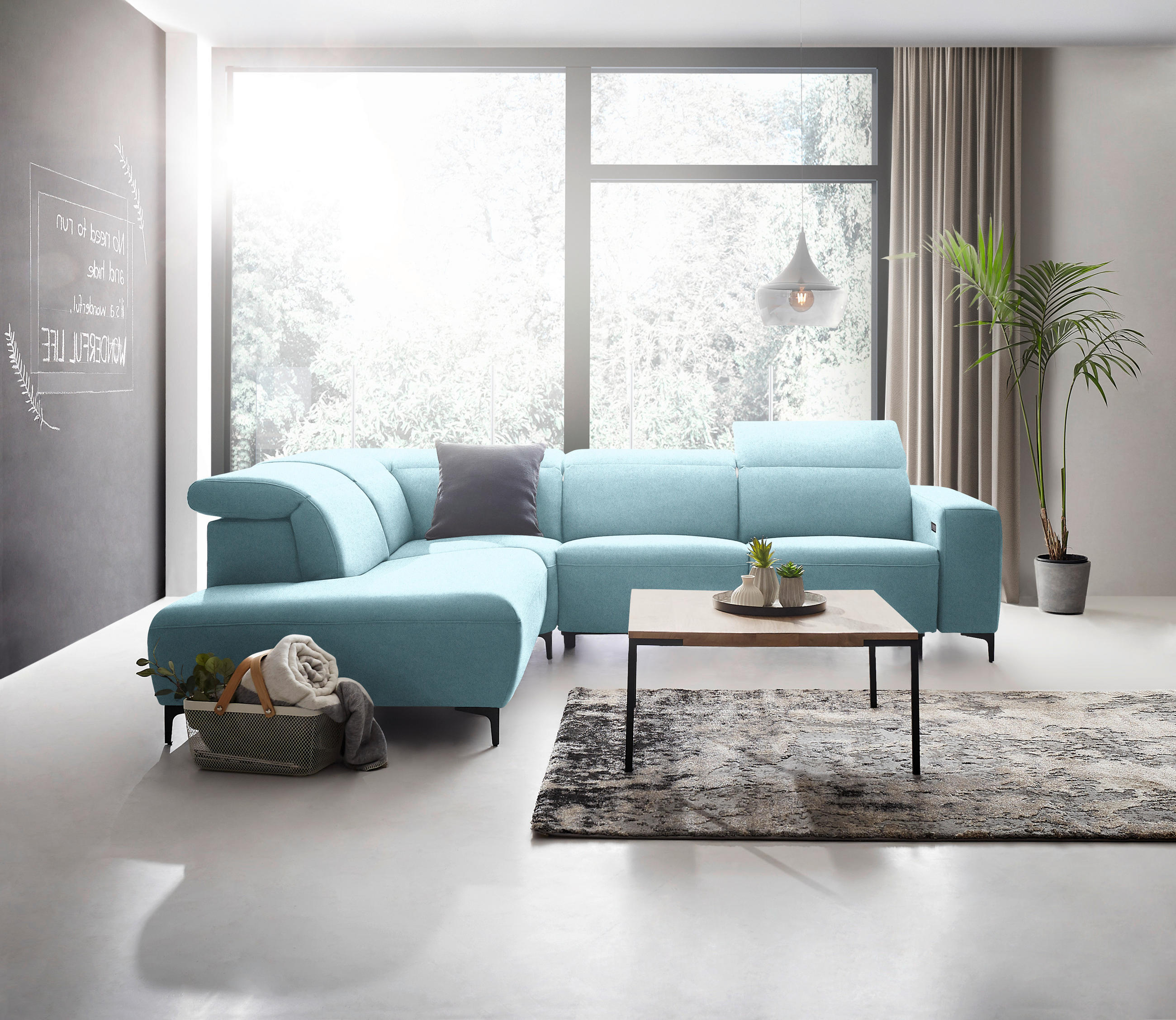 ECKSOFA Hellblau Flachgewebe  - Schwarz/Hellblau, Design, Textil/Metall (238/290cm) - Pure Home Lifestyle