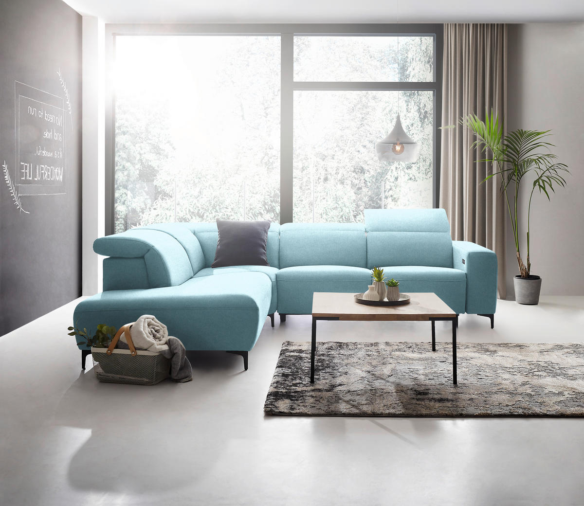 ECKSOFA Hellblau Flachgewebe  - Schwarz/Hellblau, Design, Textil/Metall (238/290cm) - Pure Home Lifestyle