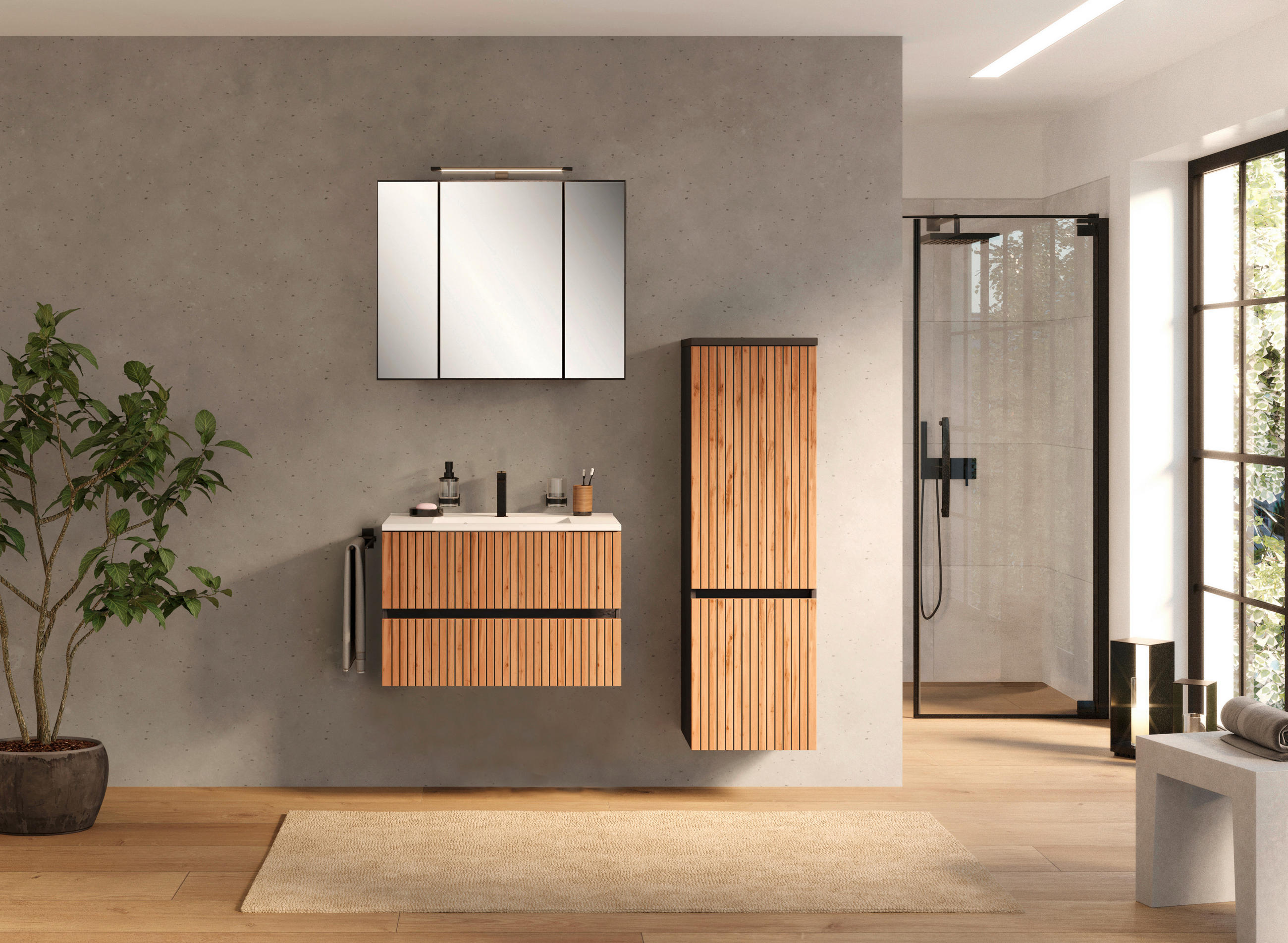 BADEZIMMER  in 120 cm  - Eiche Wotan/Graphitfarben, KONVENTIONELL, Glas/Holzwerkstoff (120cm) - Xora
