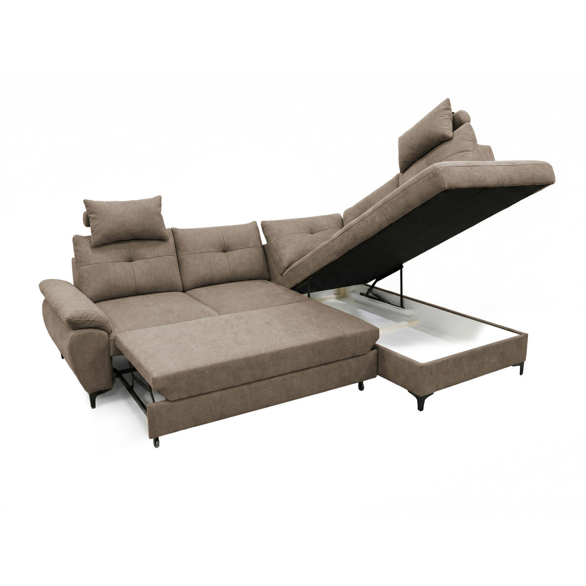 ECKSOFA SOLEI Taupe Chenille Zierkissen, Bettkasten, Kopfstütze  - Taupe/Schwarz, Design, Kunststoff/Textil (265/203cm) - MID.YOU