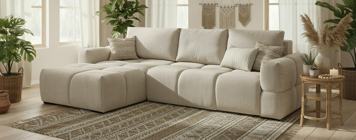 ECKSOFA Chenille Beige  - Beige/Schwarz, Design, Textil/Metall (173/299cm) - Stylife