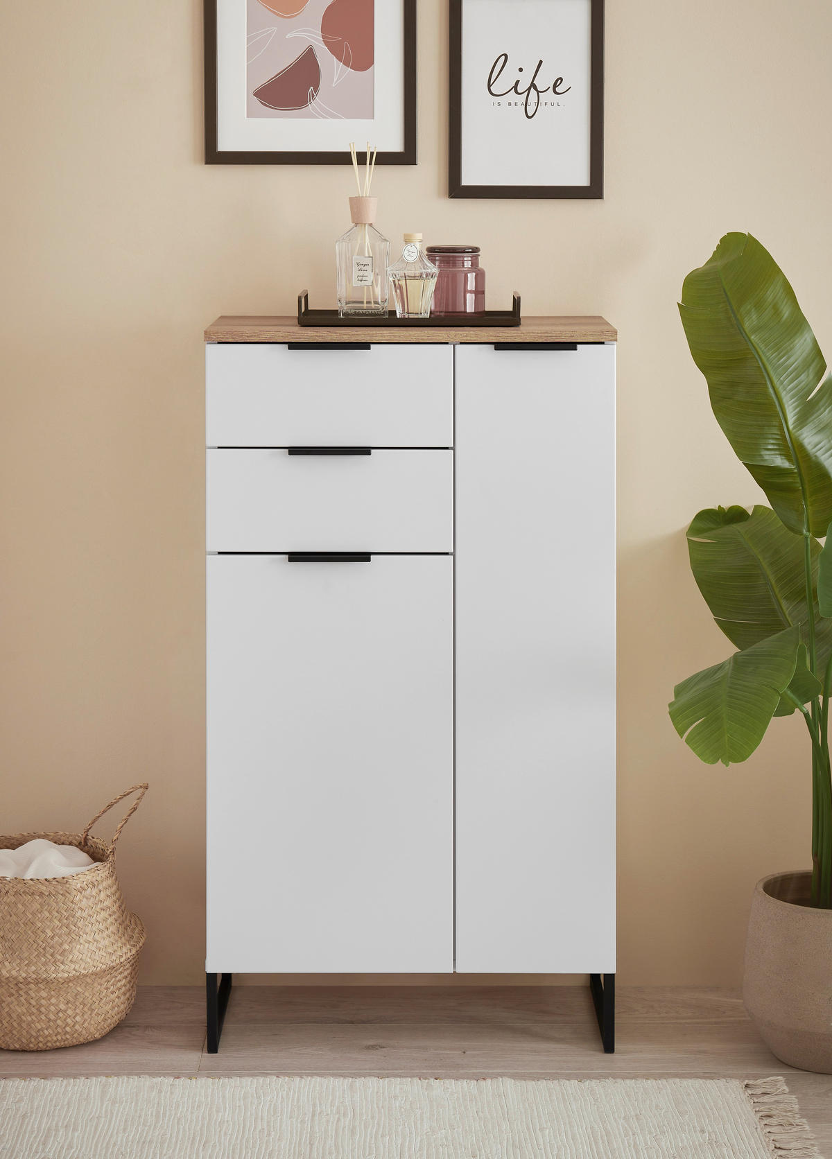 MIDISCHRANK 60/106/32 cm  - Eichefarben/Schwarz, KONVENTIONELL, Holzwerkstoff/Metall (60/106/32cm) - home24