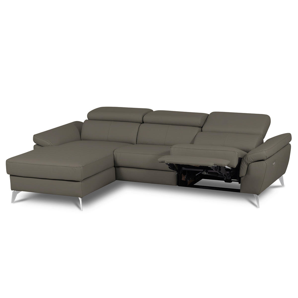 ECKSOFA  in Lederlook Echtleder Schlammfarben Rücken echt, Armteilverstellung, Relaxfunktion, Kopfteilverstellung  179/252 cm  - Chromfarben/Schlammfarben, Design, Leder/Textil (179/252cm) - Livetastic