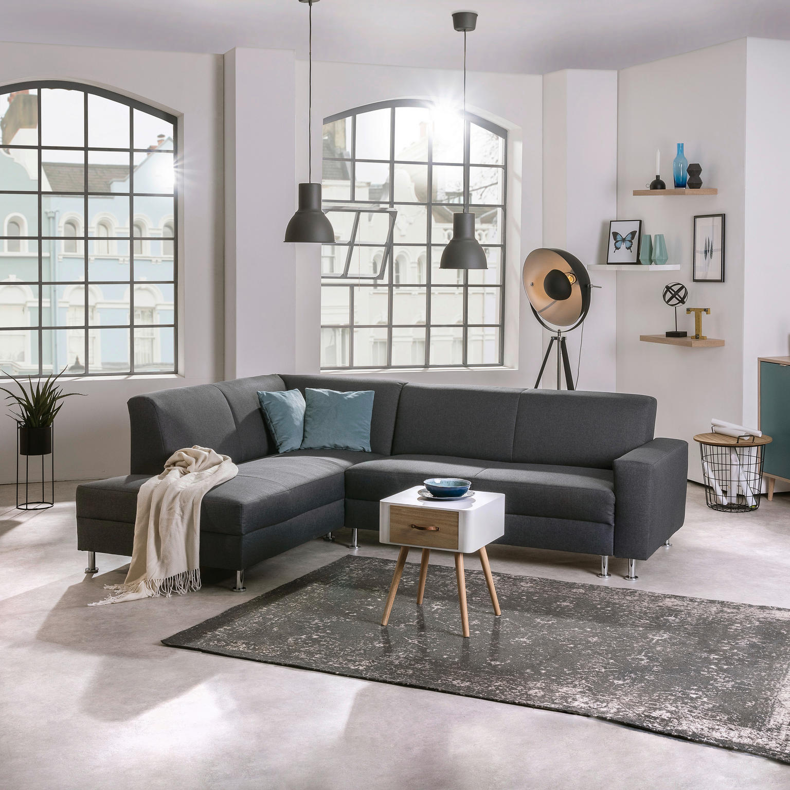 ECKSCHLAFSOFA Graphitfarben Flachgewebe, Leinenoptik - Einrichtungsbeispiel