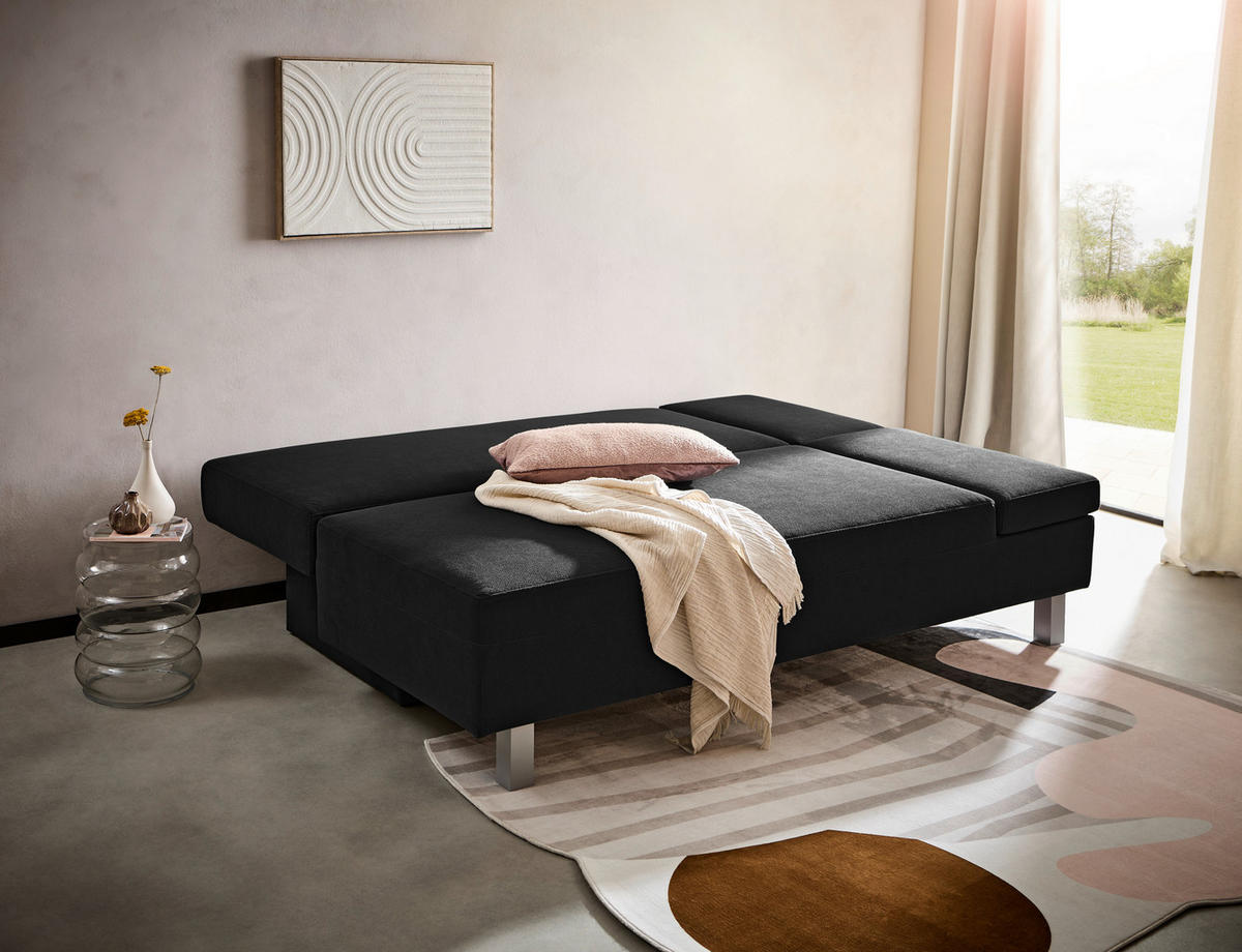 SCHLAFSOFA  mit Stoffauswahl, Schlafen auf Sitzhöhe, Armteil rechts Flachgewebe Schwarz  - Chromfarben/Schwarz, Design, Holz/Textil (205/77-93/99cm) - Novel
