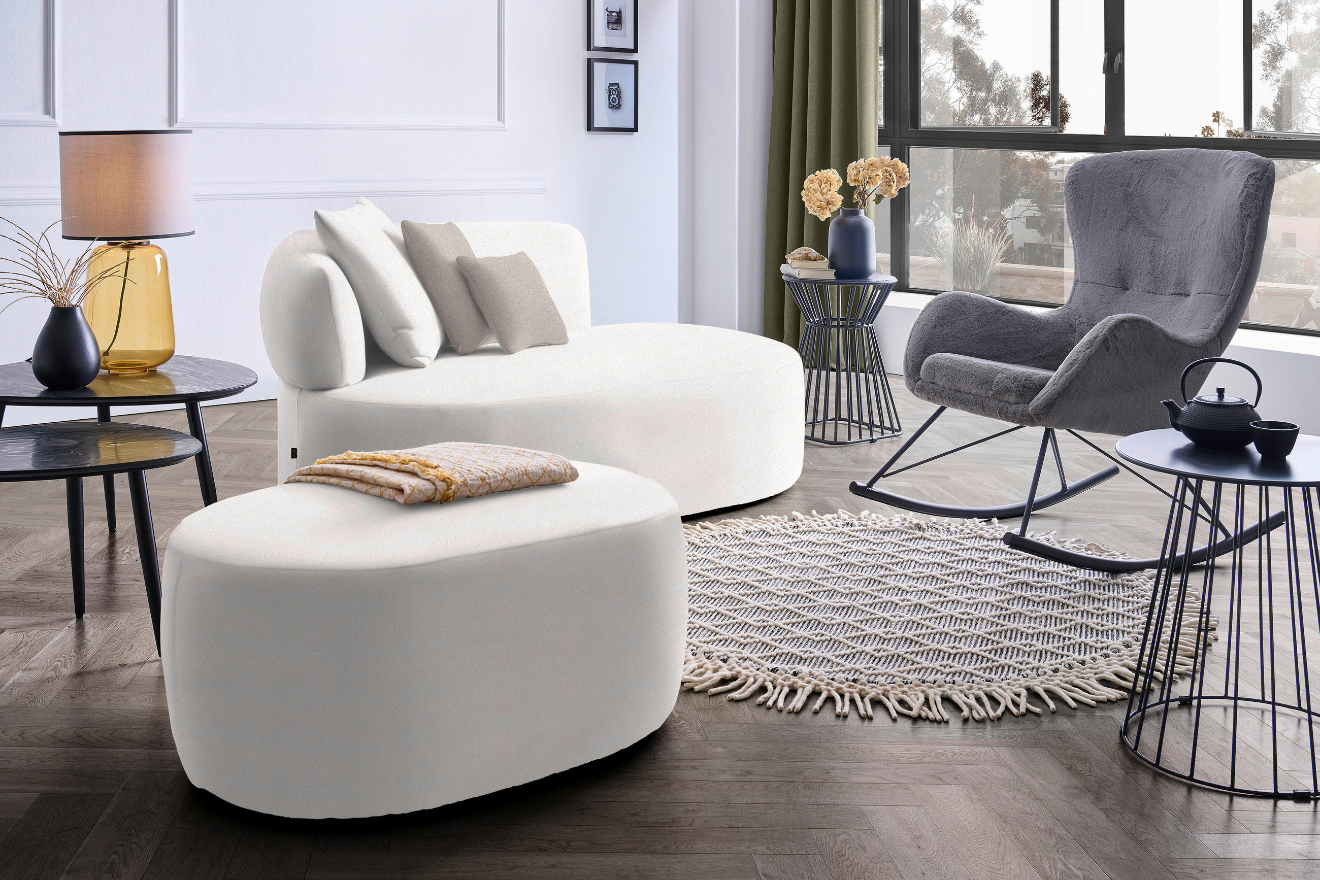 RÉCAMIERE in Plüsch Creme, Greige  - Greige/Creme, MODERN, Kunststoff/Textil (166/86/105cm) - Hom`in