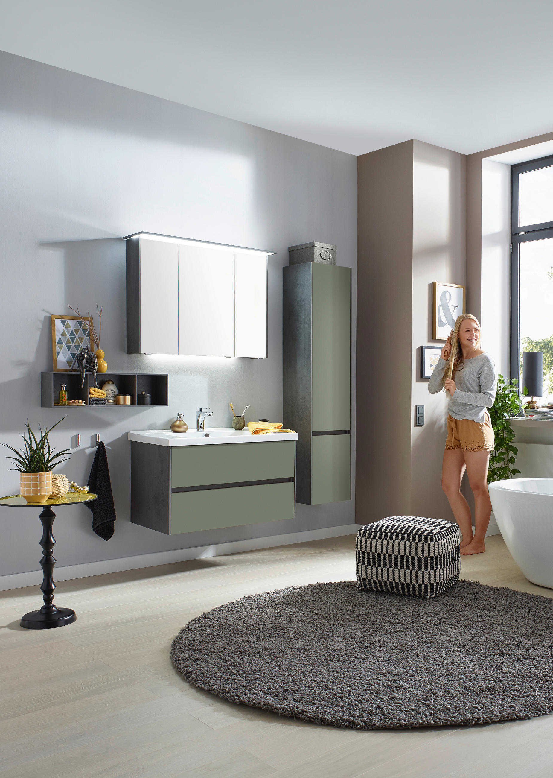 Thumbnail - Dieter Knoll Badezimmer Loreto, Grün, Dunkelgrau, Glas, Holzwerkstoff, 2,2 Schubladen, 92 cm, Made in Germany, hängend, ...