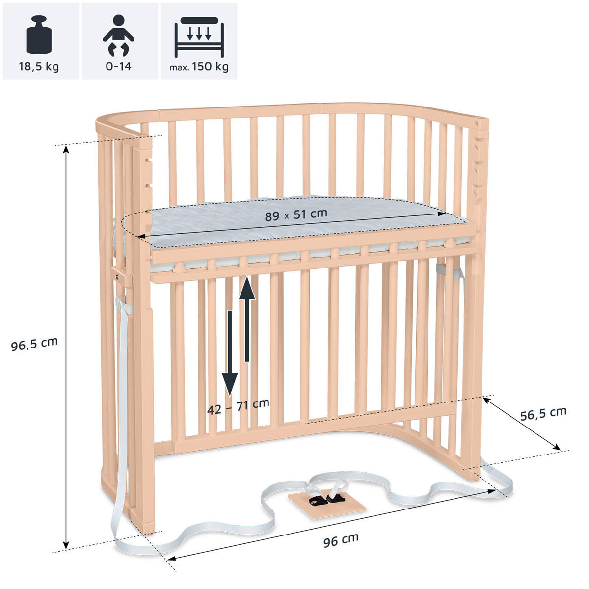 BEISTELLBETT 96/56,50/96,50 cm  - Beige, Basics, Holz (96/56,50/96,50cm) - Babybay