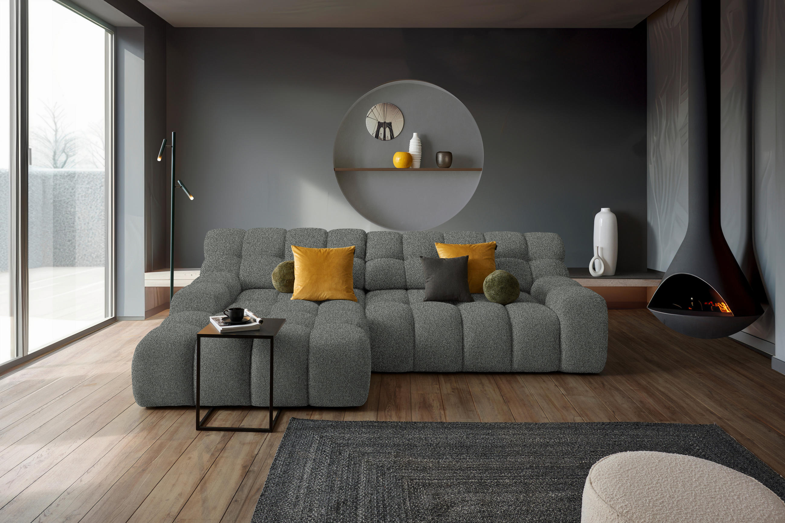 ECKSOFA in Webstoff Dunkelgrau  - Dunkelgrau/Schwarz, Modern, Kunststoff/Textil (180/297cm) - Welnova